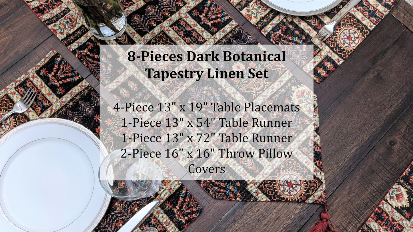 DaDa Bedding Set of 8 Pieces Dark Botanical Mughal Floral Table Woven Black Tapestry - 4 Placemats, 2 Table Runners, 2 Throw Pillow Covers (18197)-1