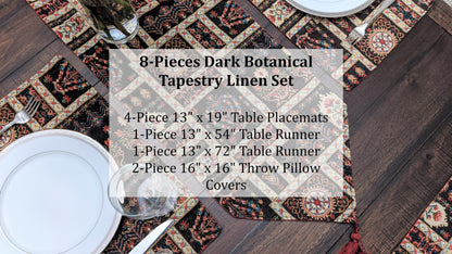 DaDa Bedding Set of 8 Pieces Dark Botanical Mughal Floral Table Woven Black Tapestry - 4 Placemats, 2 Table Runners, 2 Throw Pillow Covers (18197)-1