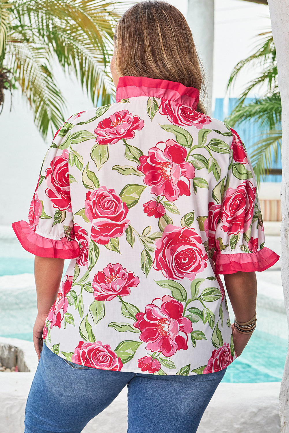 Elise Plus Size Floral Frilled Stripes Blouse-1