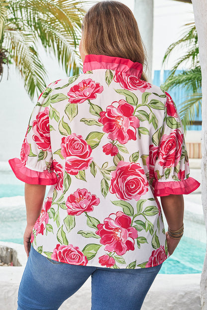 Elise Plus Size Floral Frilled Stripes Blouse-1