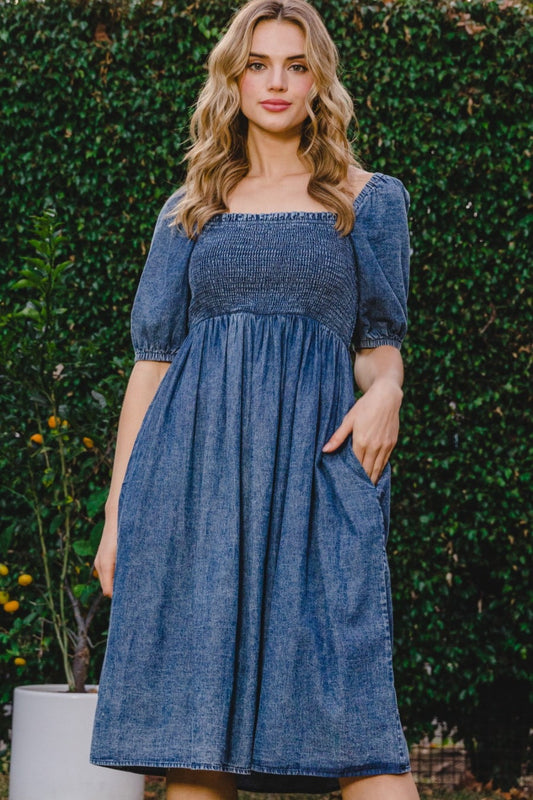 ODDI Full Size Washed Smocked Puff Sleeve Dress-0