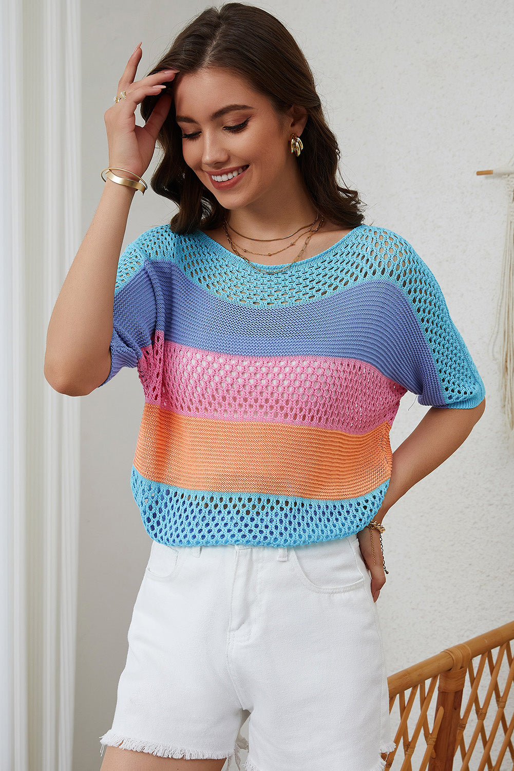 April Knitted Eyelet Colorblock Striped Half Sleeves Top-3