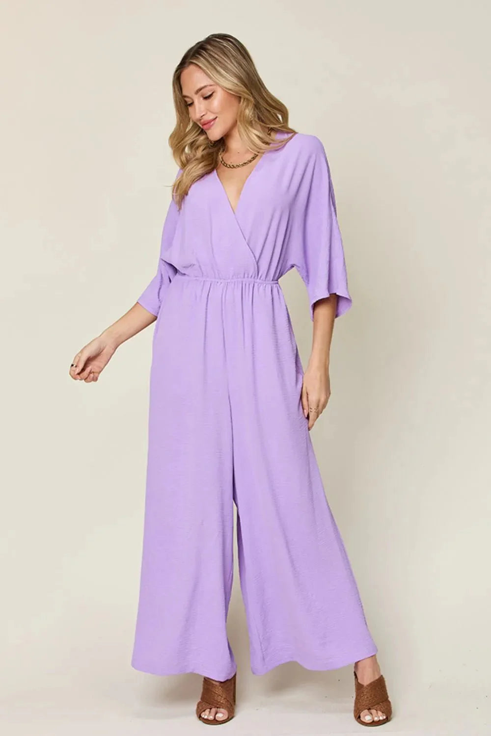Double Take Full Size Surplice Wide Leg Jumpsuit with Pockets-6