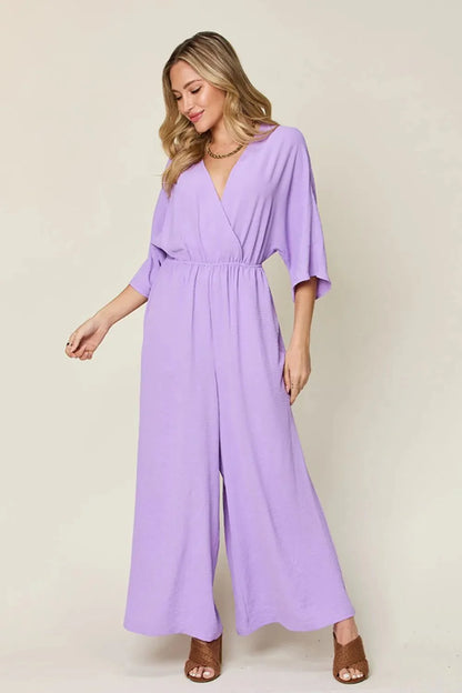 Double Take Full Size Surplice Wide Leg Jumpsuit with Pockets-6