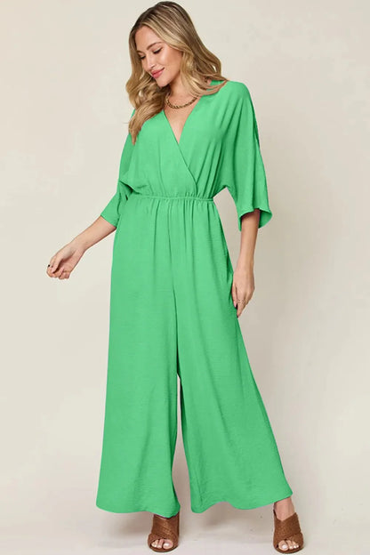 Double Take Full Size Surplice Wide Leg Jumpsuit with Pockets-5