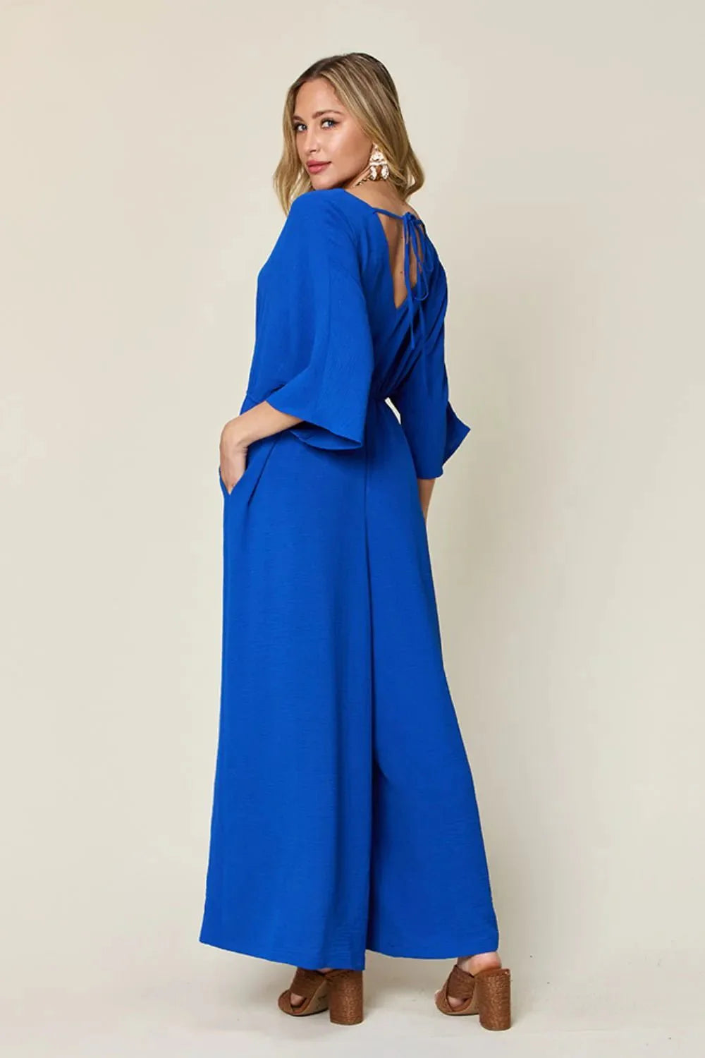 Double Take Full Size Surplice Wide Leg Jumpsuit with Pockets-2