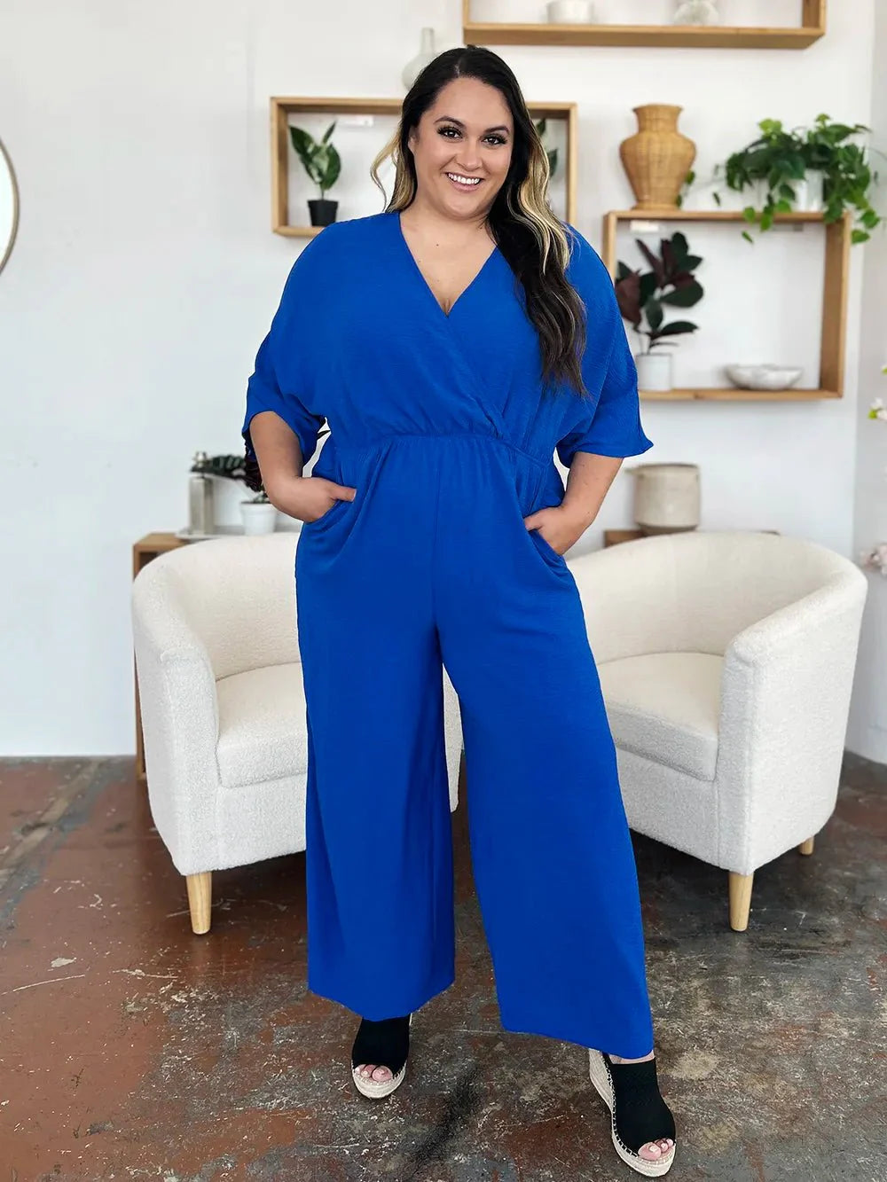 Double Take Full Size Surplice Wide Leg Jumpsuit with Pockets-4