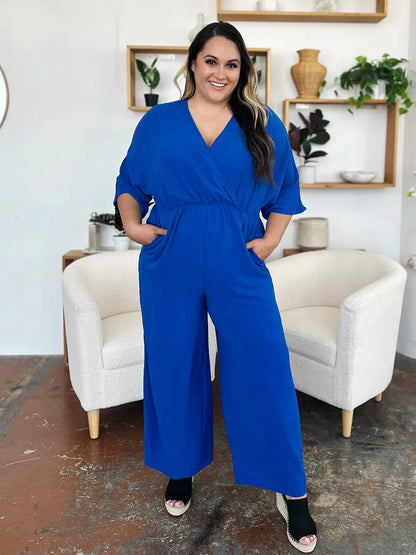 Double Take Full Size Surplice Wide Leg Jumpsuit with Pockets-4