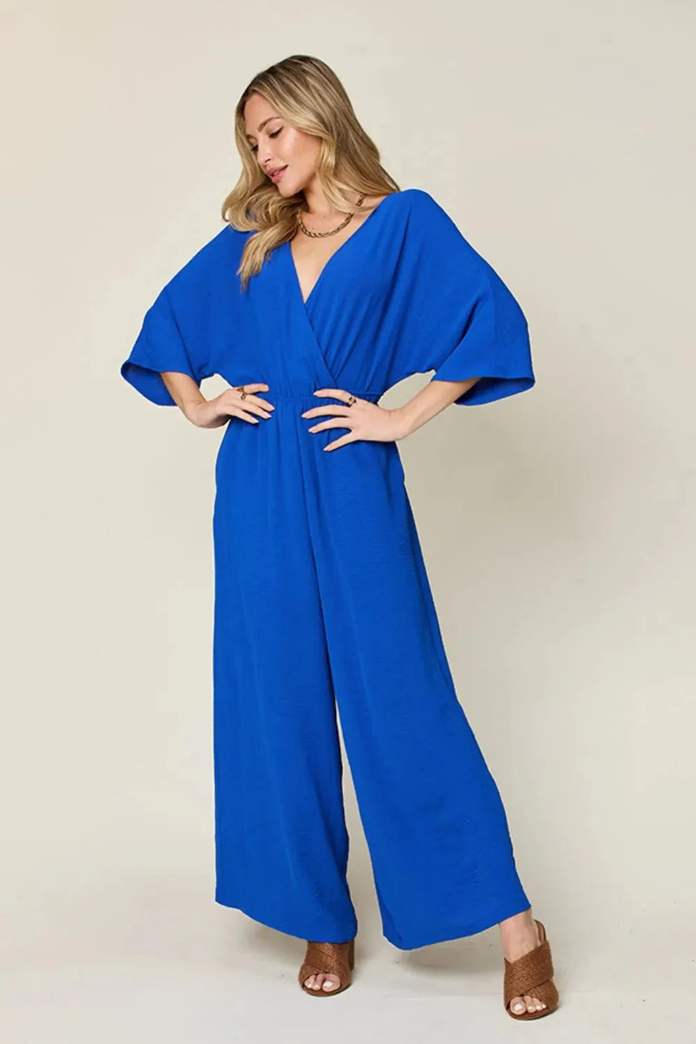 Double Take Full Size Surplice Wide Leg Jumpsuit with Pockets-0