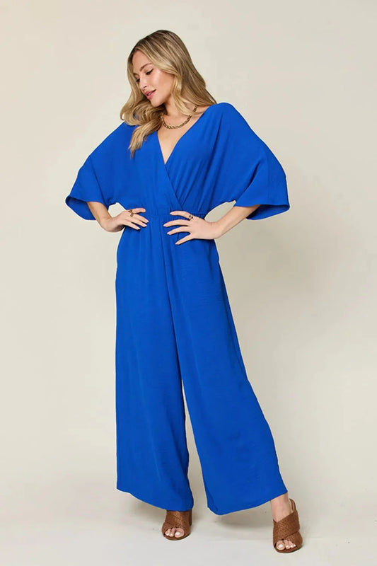 Double Take Full Size Surplice Wide Leg Jumpsuit with Pockets-0