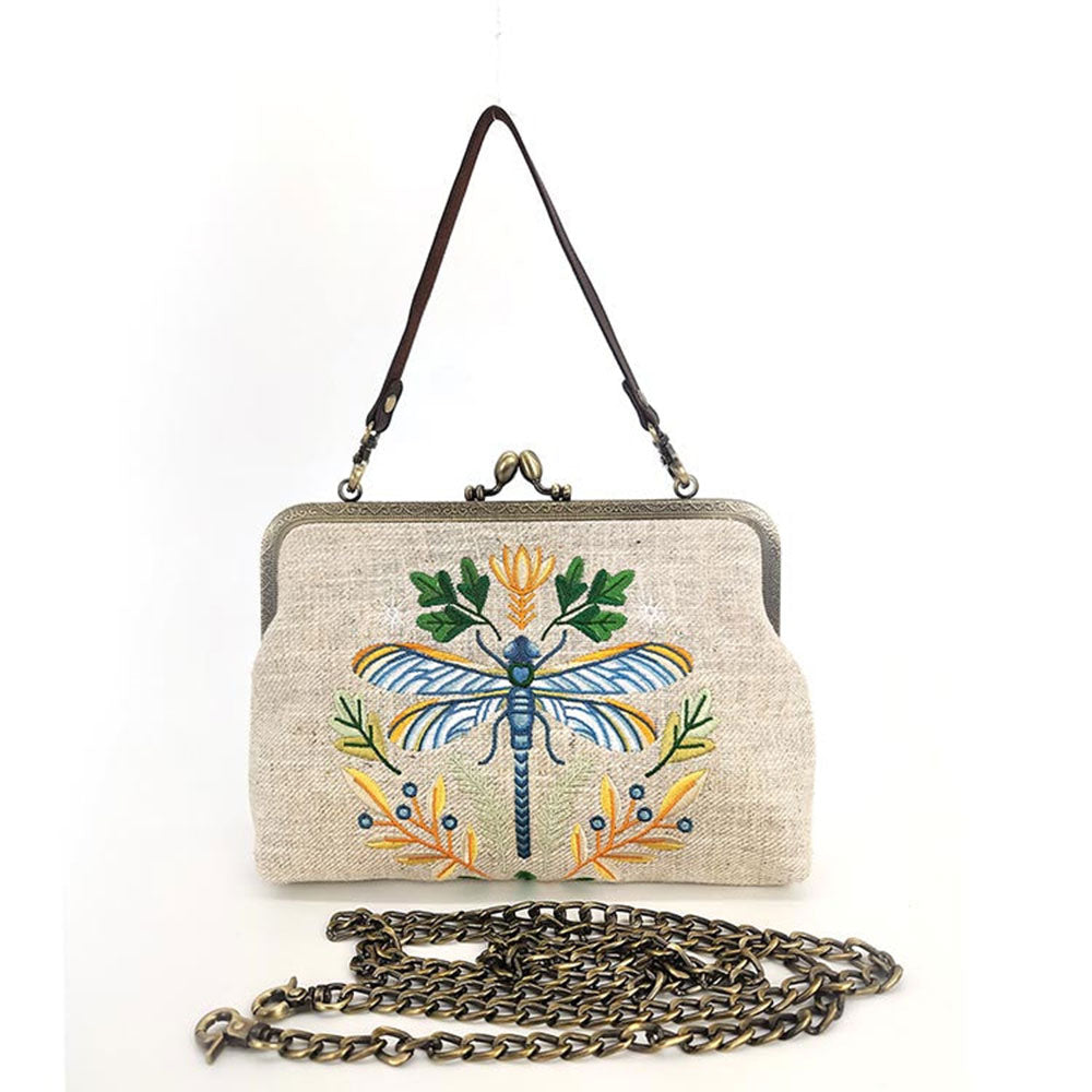 Dragonfly Embroidered Vintage-Style Kisslock Handbag : Beige-0
