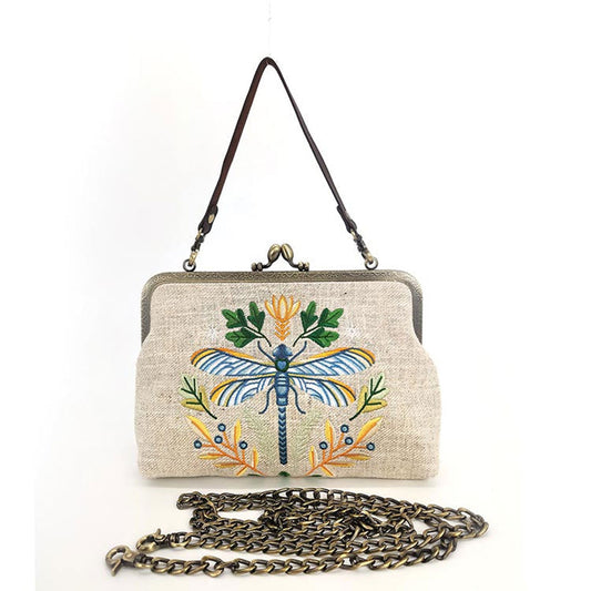 Dragonfly Embroidered Vintage-Style Kisslock Handbag : Beige-0
