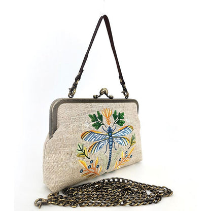 Dragonfly Embroidered Vintage-Style Kisslock Handbag : Beige-1