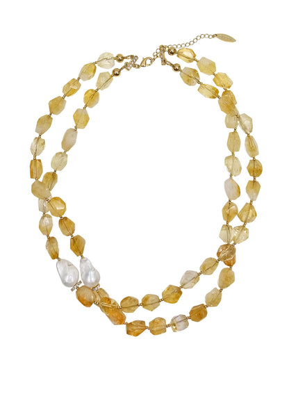 Faceted Citrine With Baroque Pearls Double Layers Necklace PN053-1