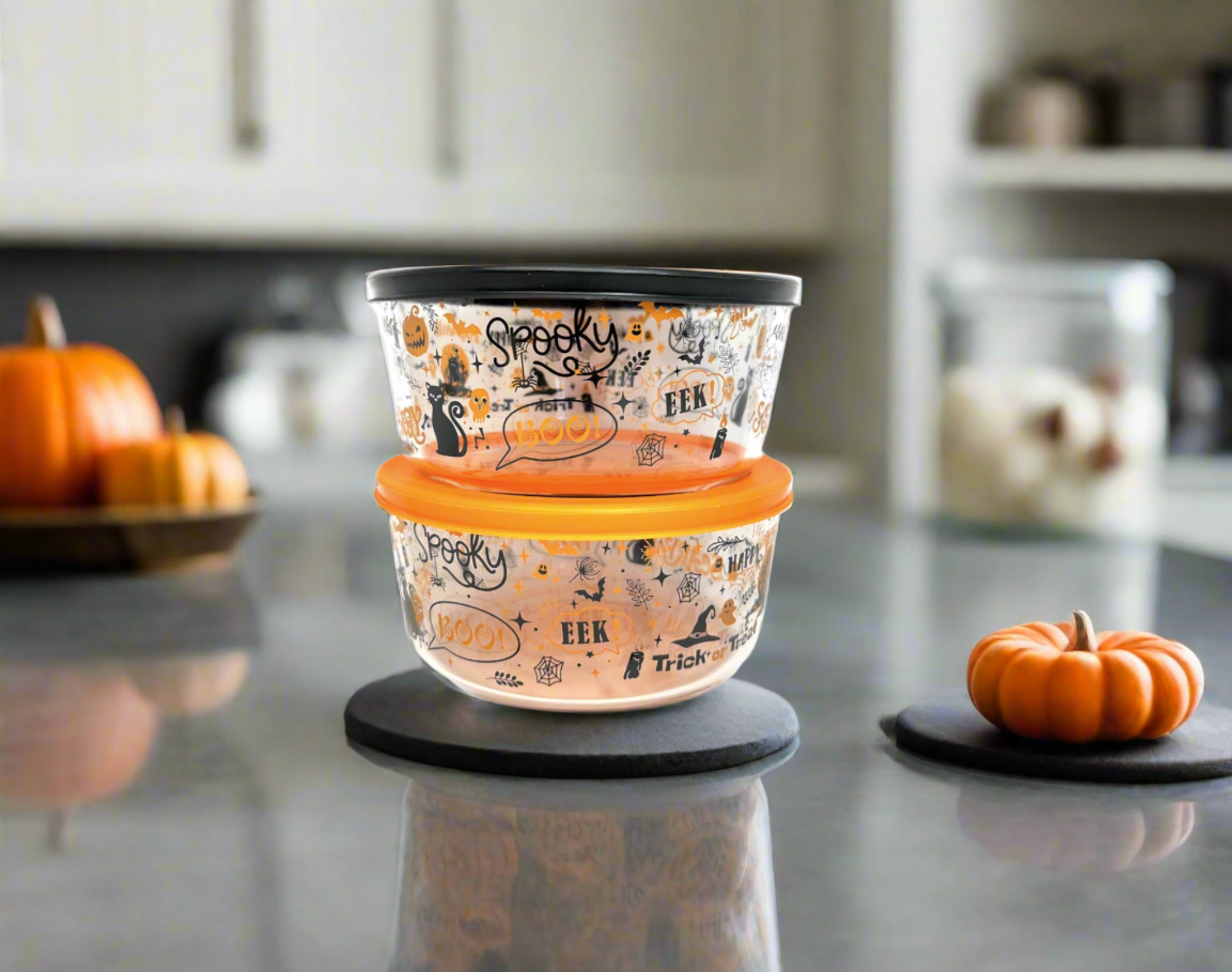 Dura Living Halloween Glass Food Storage Containers - 4 Piece 4 Cup Set (2 Containers + 2 Lids)-1