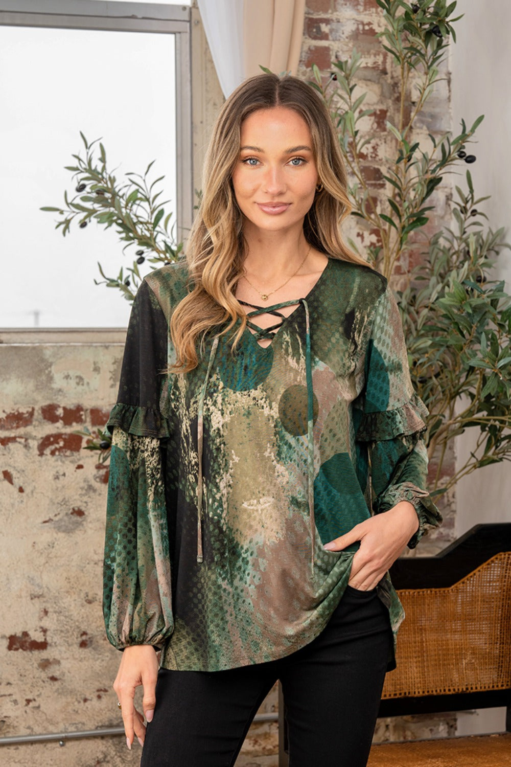 Sew In Love Full Size Snakeskin Print Long Sleeve Top with Ruffle-0