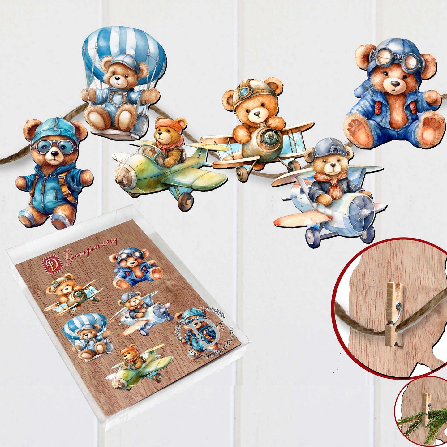 Aviator Teddy Bear Decorative Wooden Clip-on Ornaments of 6 by G. Debrekht - Christmas Decor - 8090010C-S6-3
