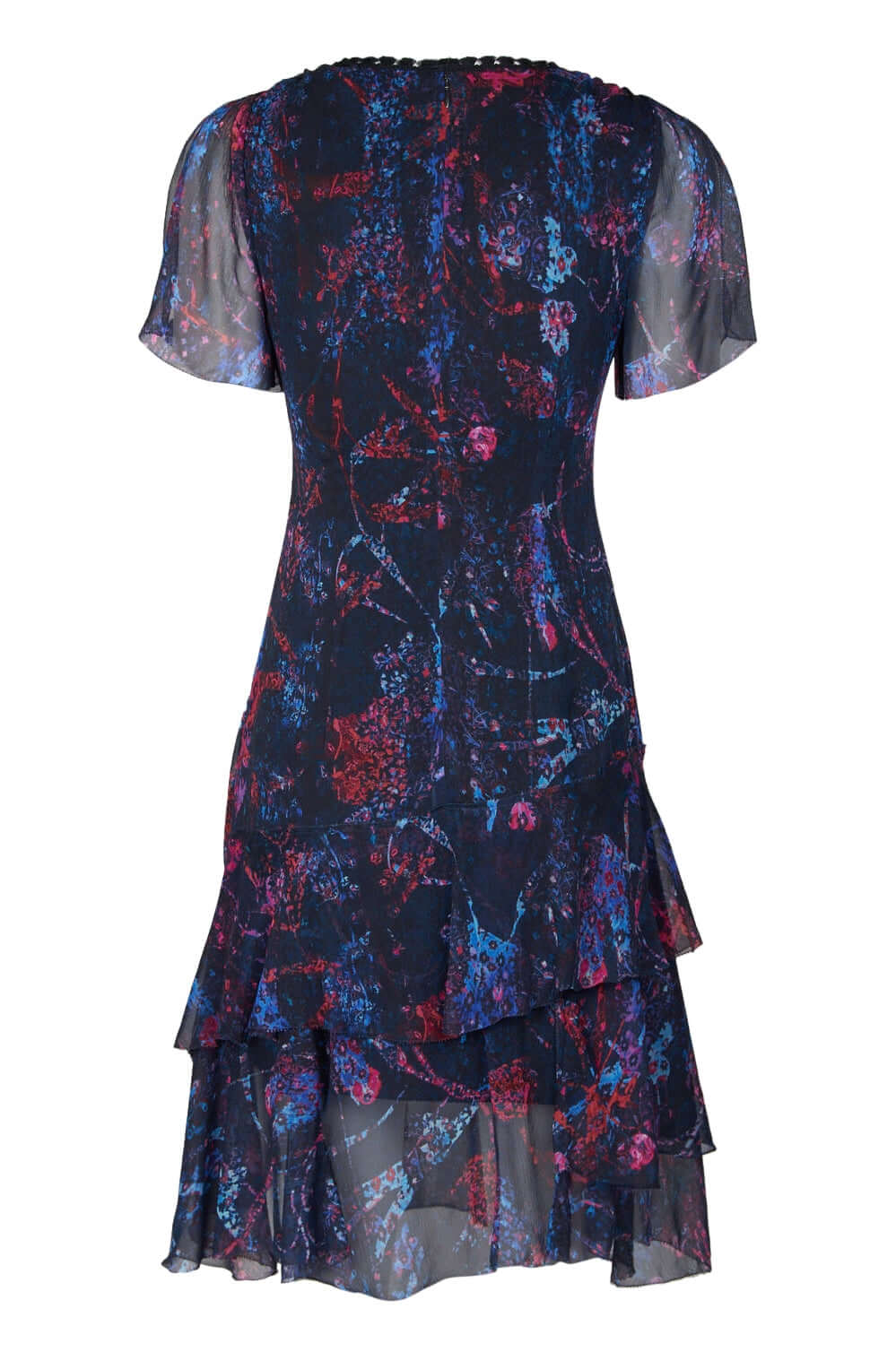 Elie Tahari Embellished V-Neck Slit Short Sleeve Zipper Back Tiered Hem Silk Dress-1