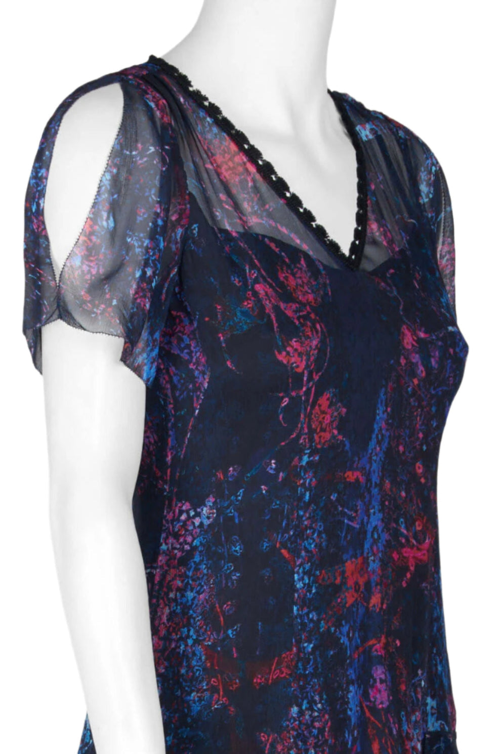 Elie Tahari Embellished V-Neck Slit Short Sleeve Zipper Back Tiered Hem Silk Dress-2