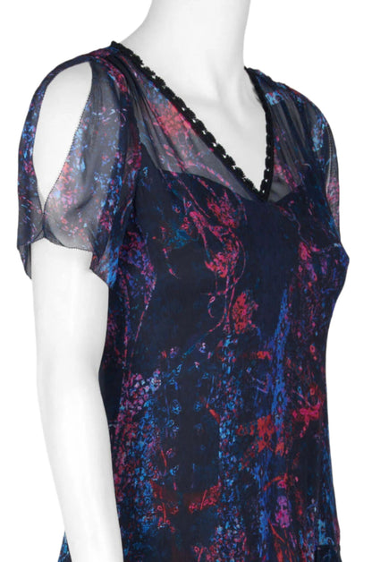 Elie Tahari Embellished V-Neck Slit Short Sleeve Zipper Back Tiered Hem Silk Dress-2