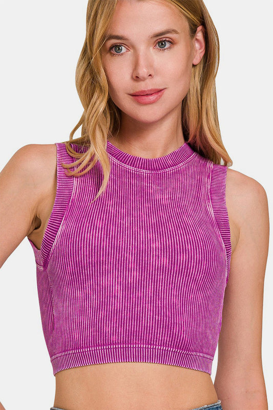 Zenana Washed Ribbed Seamless Crop Tank with Bra Pad-0