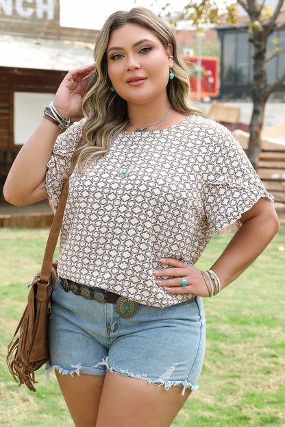 Faith Plus Size Geometric Ruffled Sleeve Blouse-2