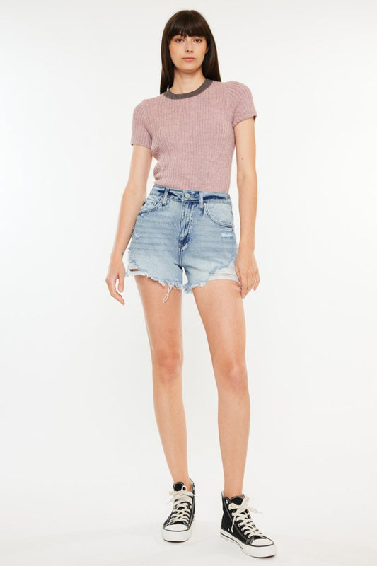 Kancan Distressed High Waist Denim Shorts with Pockets-0