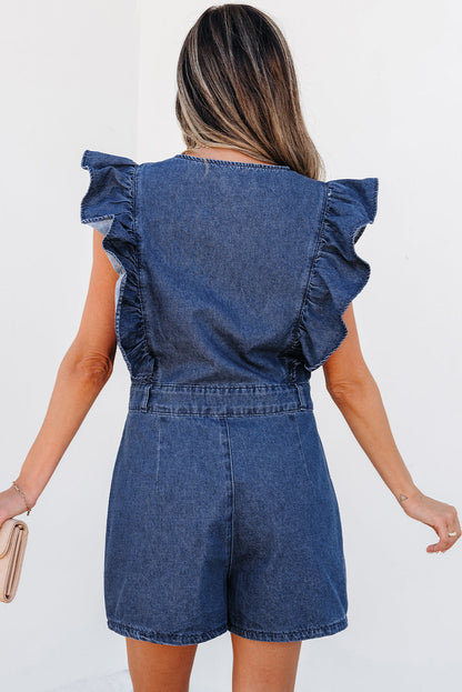 Amora Denim Ruffled Zipped Front Belted Romper-1
