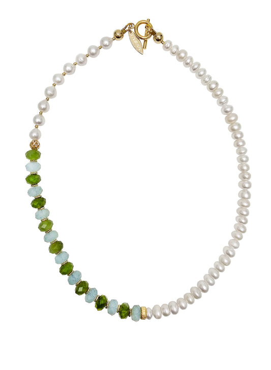Freshwater Pearls With Green Jade And Opal Color Matching Necklace PN069-0