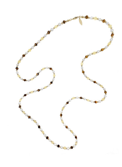 Brown Tiger-eye And Yellow Citrine With Freshwater Pearls Long Necklace PN058-1