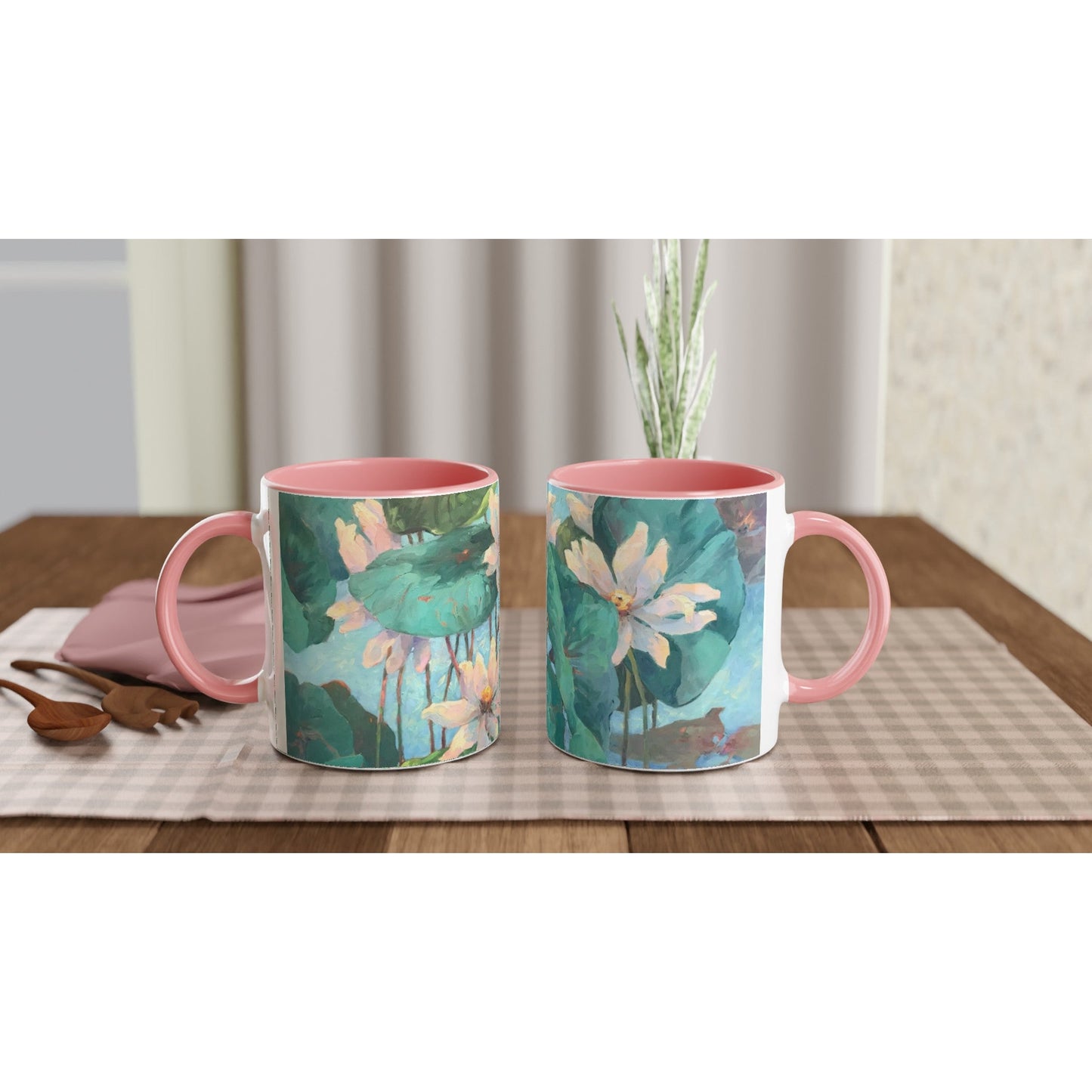 11oz White Ceramic Mug with Color Inside | Coffee Cup with 'Lily Pads' Floral Artwork by American Artist Barbara Cleary-2