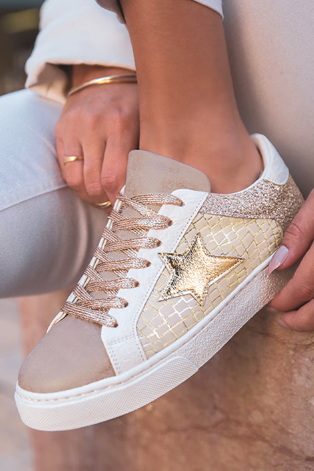 Clare Gold Glitter Star Lace-up Sneakers-0