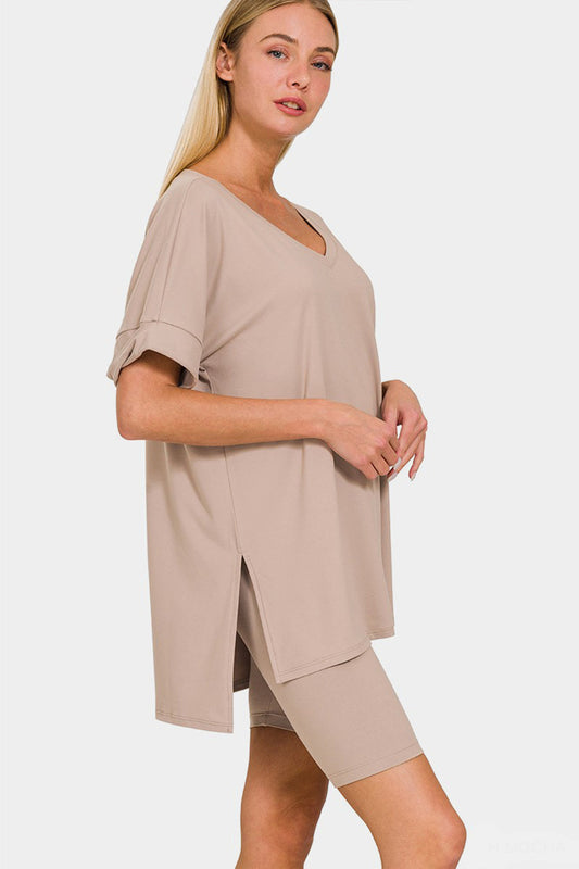 Zenana Full Size V-Neck Short Sleeve Slit T-Shirt and Shorts Set-0