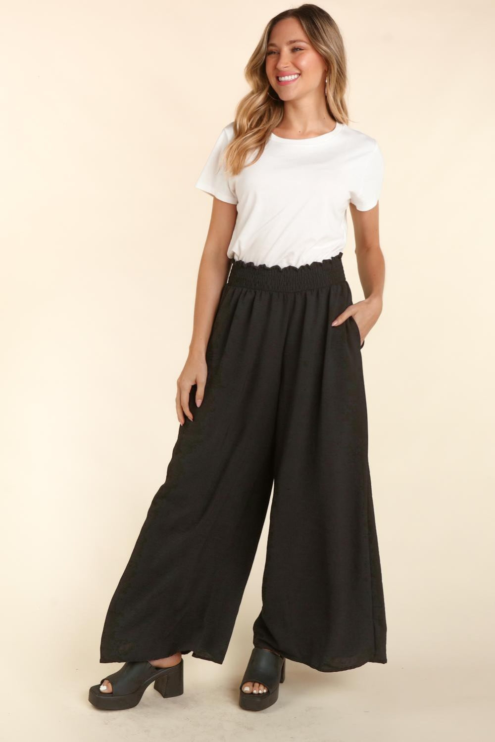 Haptics Elastic Waist Wide Leg Pants with Pockets-0