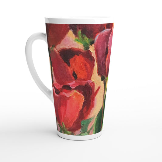 17oz White Ceramic Latte Mug | Coffee Cup with 'Tulips' Floral Artwork by American Artist Barbara Cleary-0