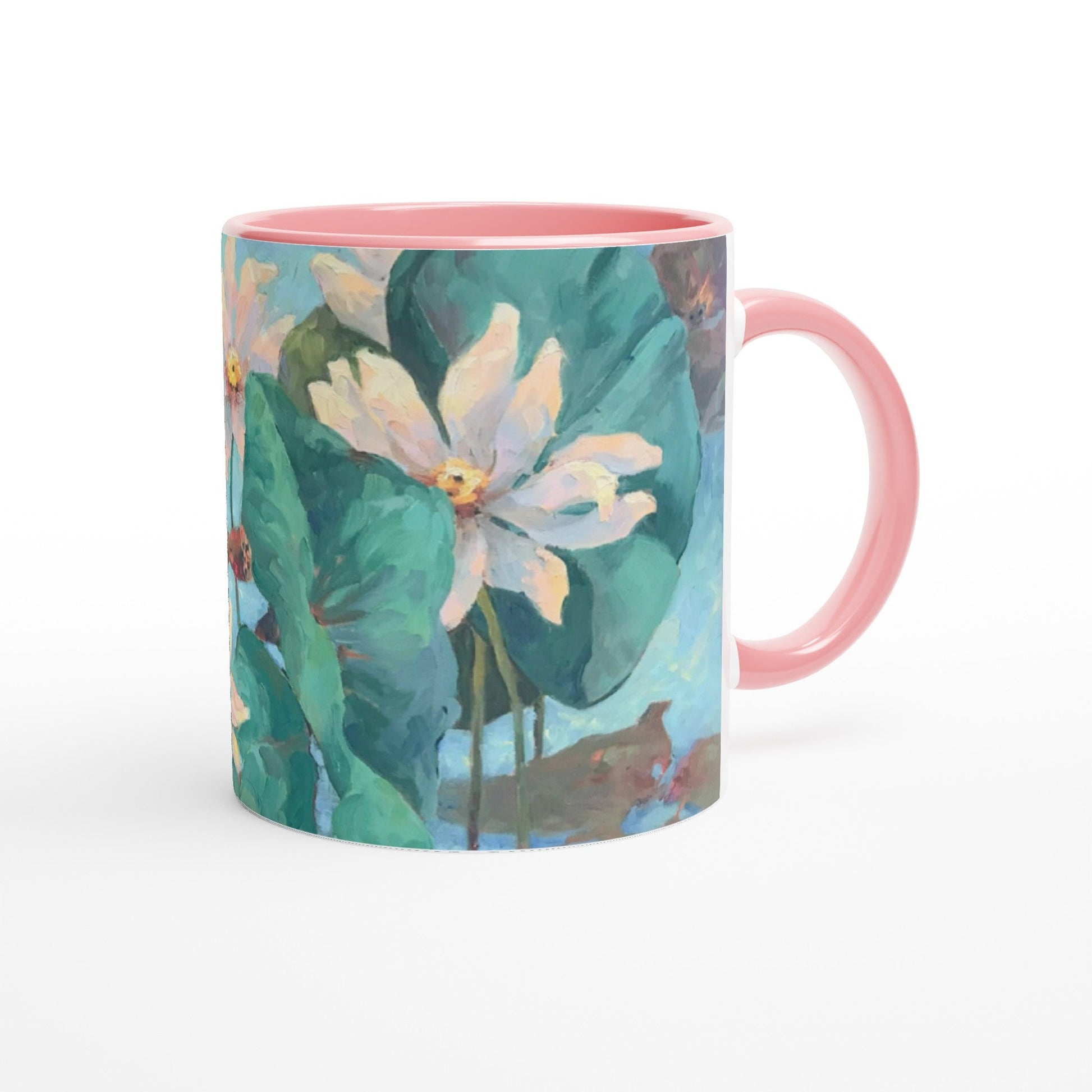 11oz White Ceramic Mug with Color Inside | Coffee Cup with 'Lily Pads' Floral Artwork by American Artist Barbara Cleary-3
