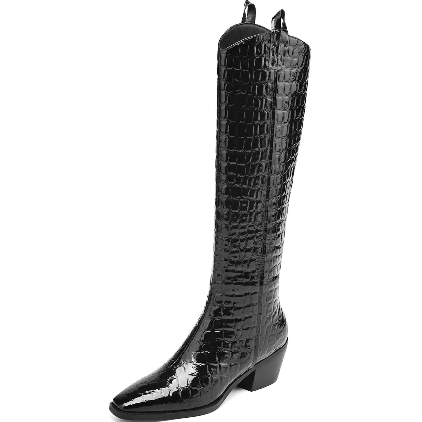 AIUNIIND Riding Boots for Women Knee High Boots Chunky Crocodile Boots Low Heel Tall Boots Sexy Fall Boots Pointed Toe Black 7.5
