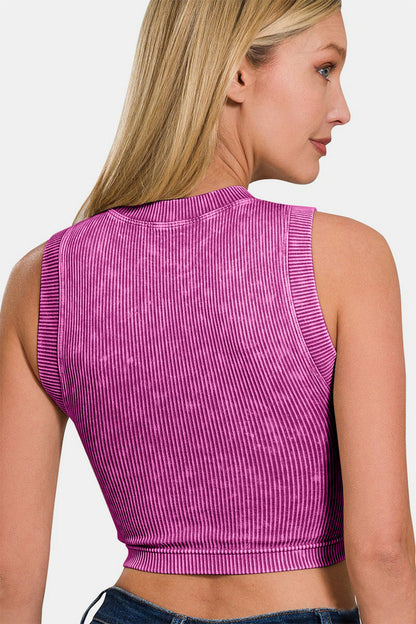 Zenana Washed Ribbed Seamless Crop Tank with Bra Pad-1