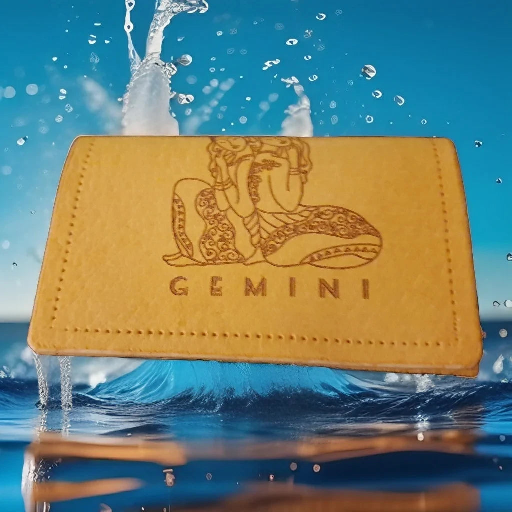 Exclusive handmade minimalist leather wallet with engraved zodiac Gemini.-0