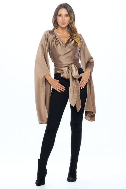 Stretch Satin Wrap Top with Exaggerated Sleeves-1