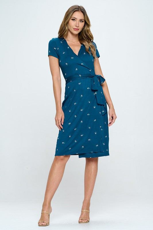 Floral Print V neck Jersey Wrap Dress with Tie-1