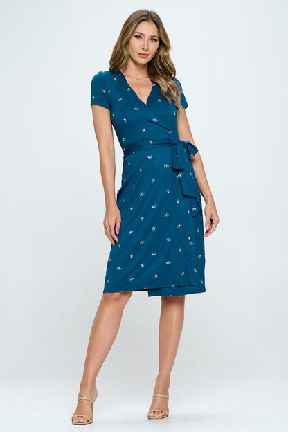 Floral Print V neck Jersey Wrap Dress with Tie-1