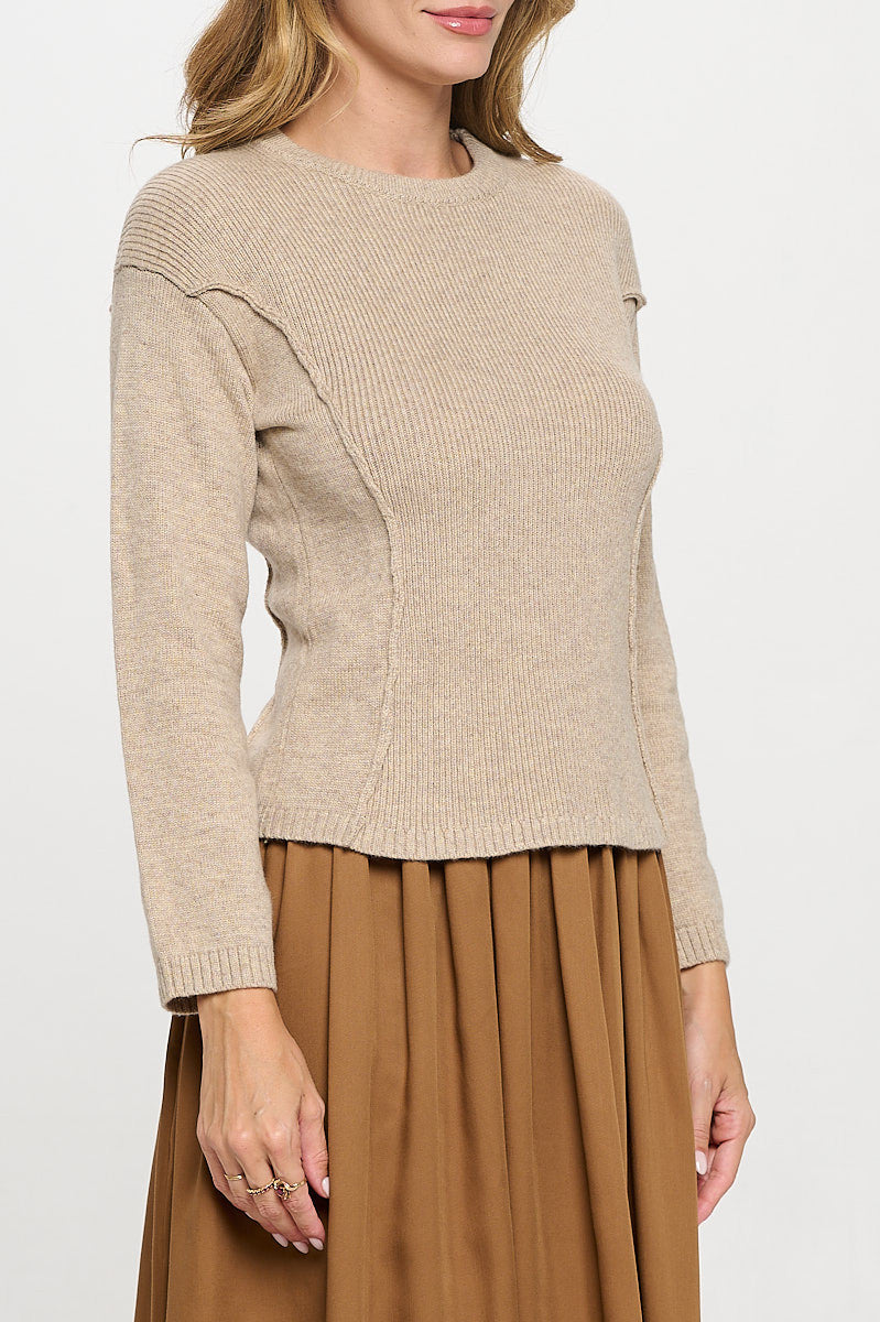 Rib Knit Solid Long Sleeve Pullover Sweater-3