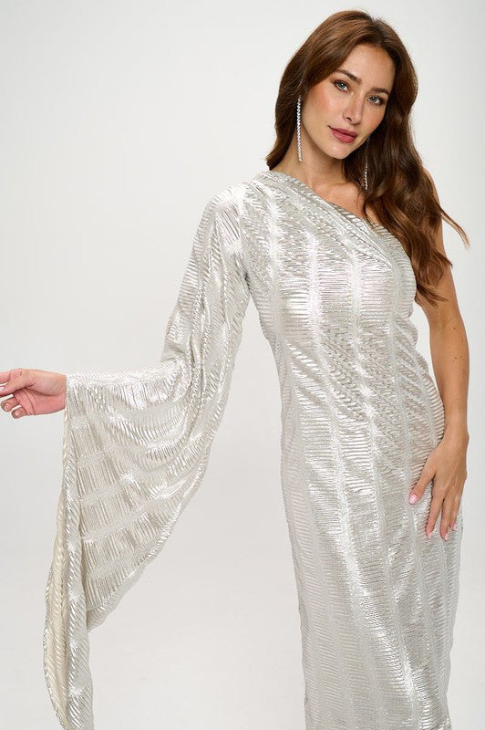 Metallic One Shoulder Bell Sleeve Maxi Dress-0
