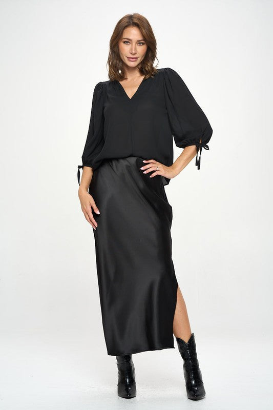 Solid V neck Top with Self Tie Sleeves-1