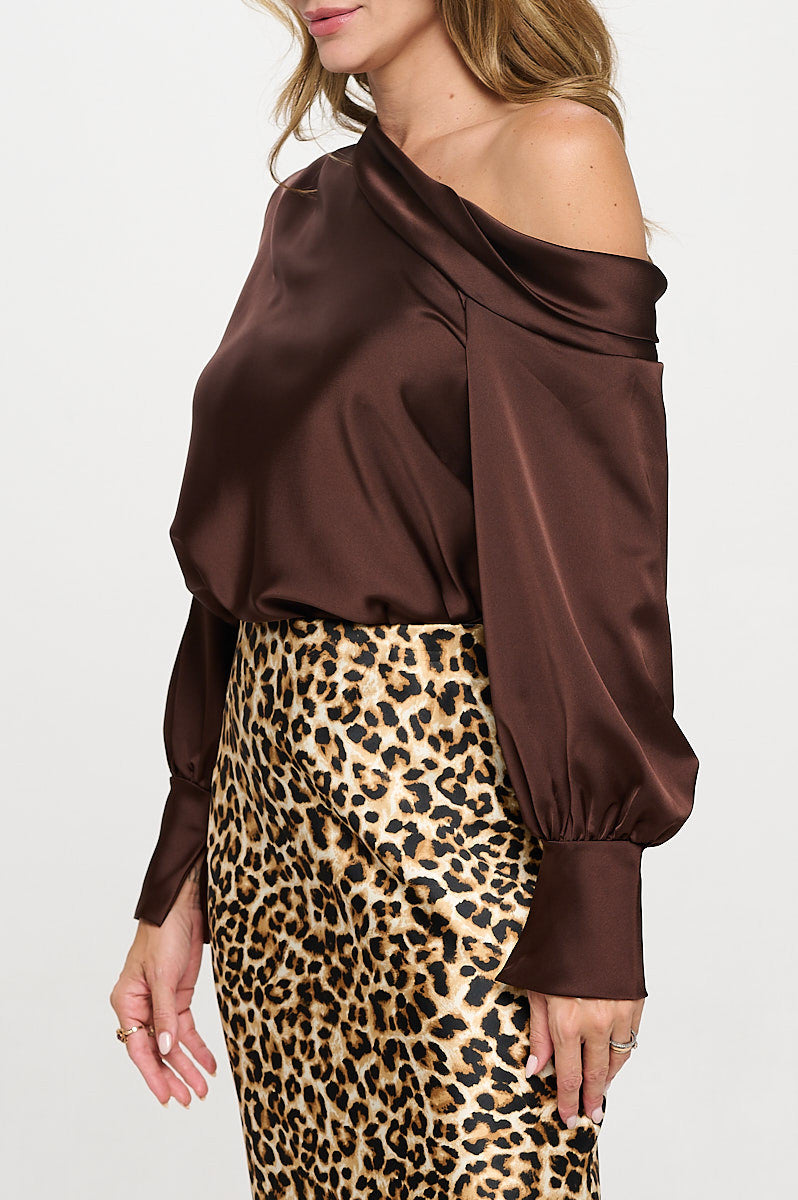Dropped Shoulder Long Sleeve Satin Top-2