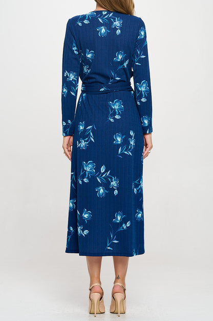 Knit Floral Print V neck Jersey Wrap Maxi Dress with Tie-3