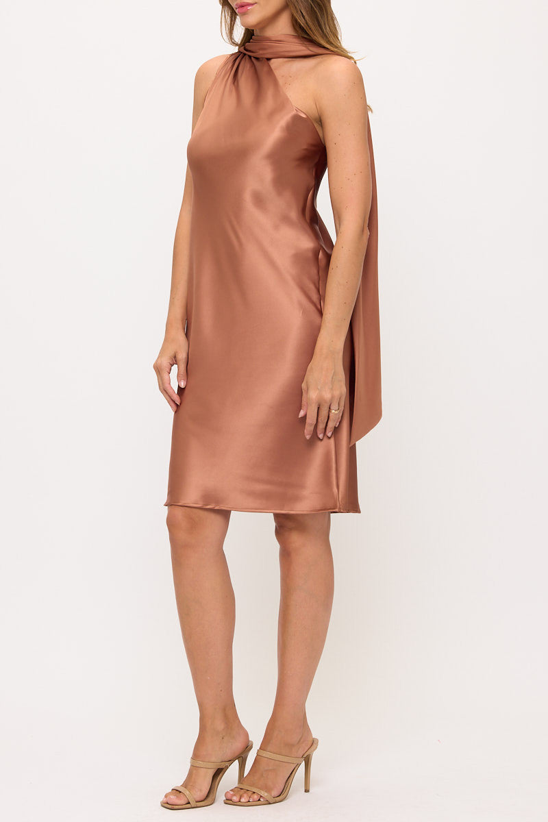 One Shoulder Satin Dress with Scarf-2