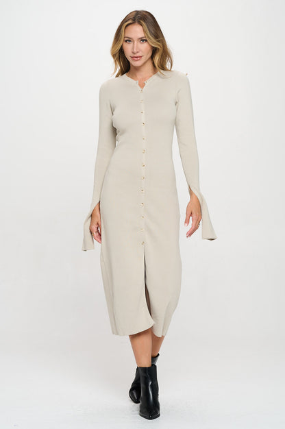 Rib Knit Maxi Dress with Buttons and Open Sleeve-5