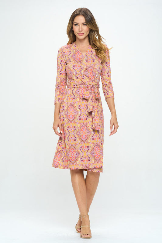 Print V neck Jersey Wrap Dress with Tie-0
